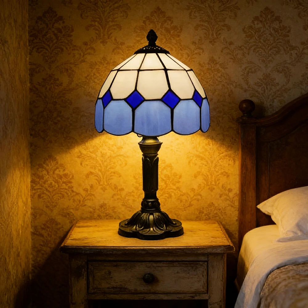 LIVARA Stained Glass Table Lamp Handmade Tiffany Style E27 Bedside Light Vintage Decor for Living Room Bedroom Study - Blue