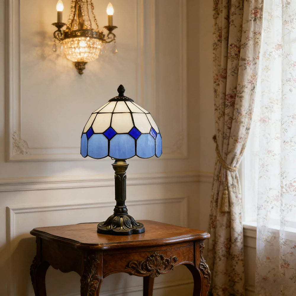 LIVARA Stained Glass Table Lamp Handmade Tiffany Style E27 Bedside Light Vintage Decor for Living Room Bedroom Study - Blue
