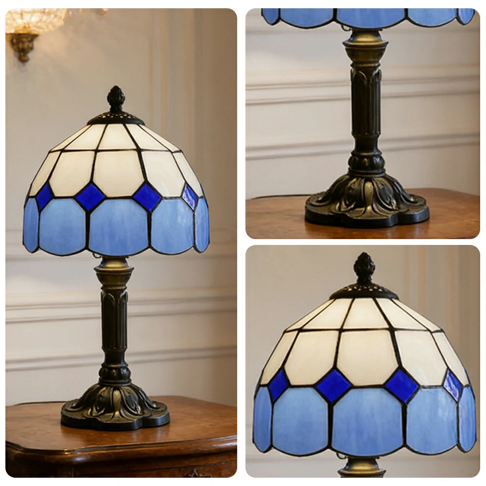LIVARA Stained Glass Table Lamp Handmade Tiffany Style E27 Bedside Light Vintage Decor for Living Room Bedroom Study - Blue