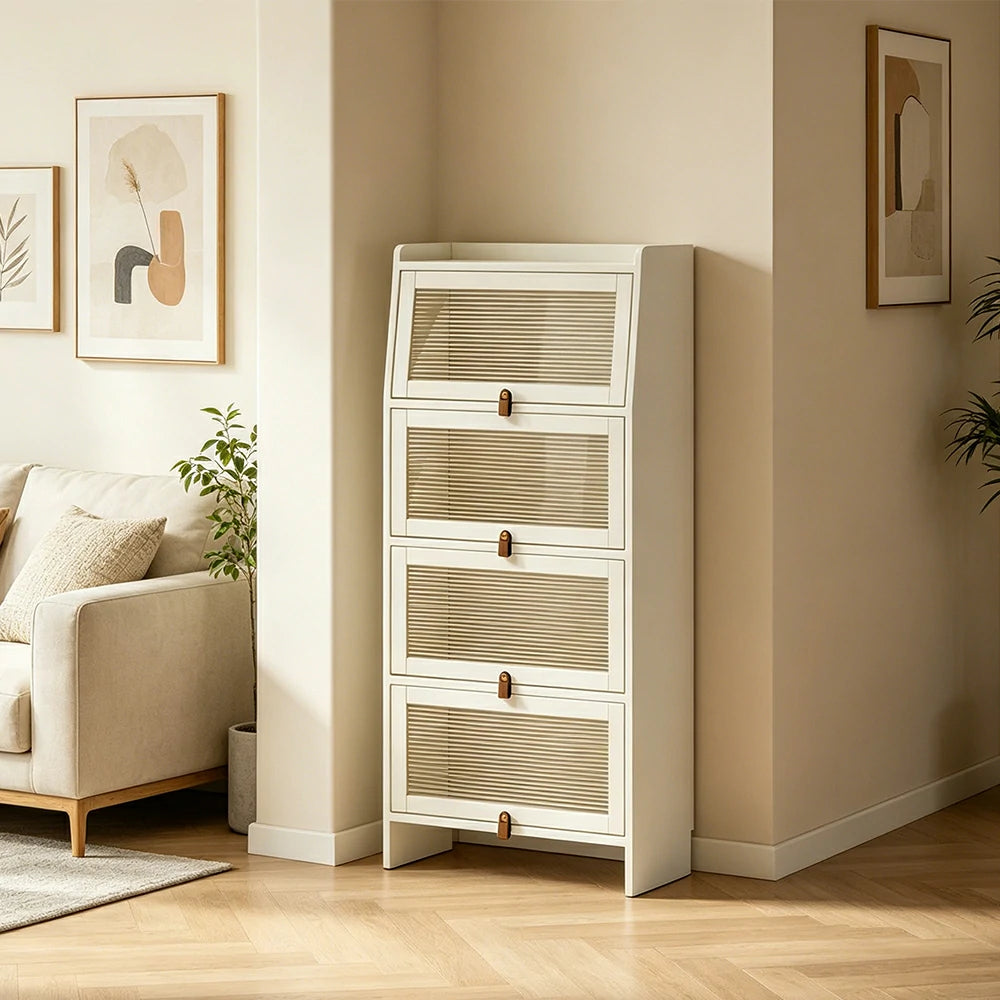 LIVARA Glass Bookshelf Solid Wood Storage Cabinet with Fluted Glass Doors for Living Room Bedroom & Study - White