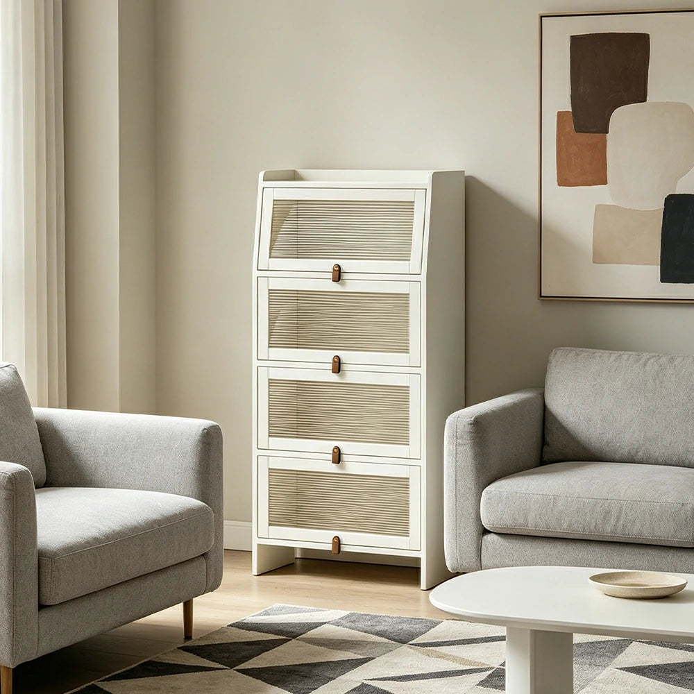 LIVARA Glass Bookshelf Solid Wood Storage Cabinet with Fluted Glass Doors for Living Room Bedroom & Study - White
