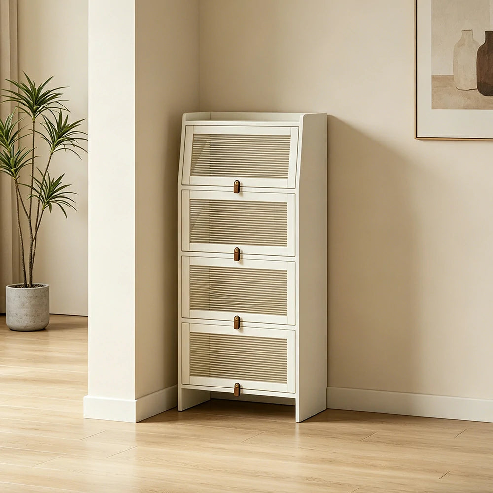 LIVARA Glass Bookshelf Solid Wood Storage Cabinet with Fluted Glass Doors for Living Room Bedroom & Study - White