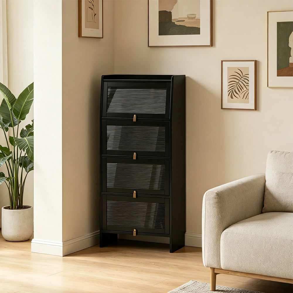 LIVARA Glass Bookshelf Solid Wood Storage Cabinet with Fluted Glass Doors for Living Room Bedroom & Study - Black