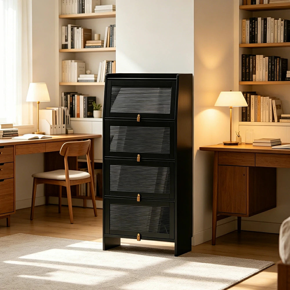 LIVARA Glass Bookshelf Solid Wood Storage Cabinet with Fluted Glass Doors for Living Room Bedroom & Study - Black