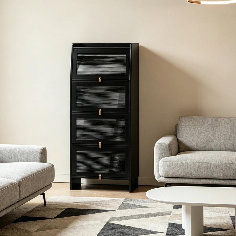 LIVARA Glass Bookshelf Solid Wood Storage Cabinet with Fluted Glass Doors for Living Room Bedroom & Study - Black