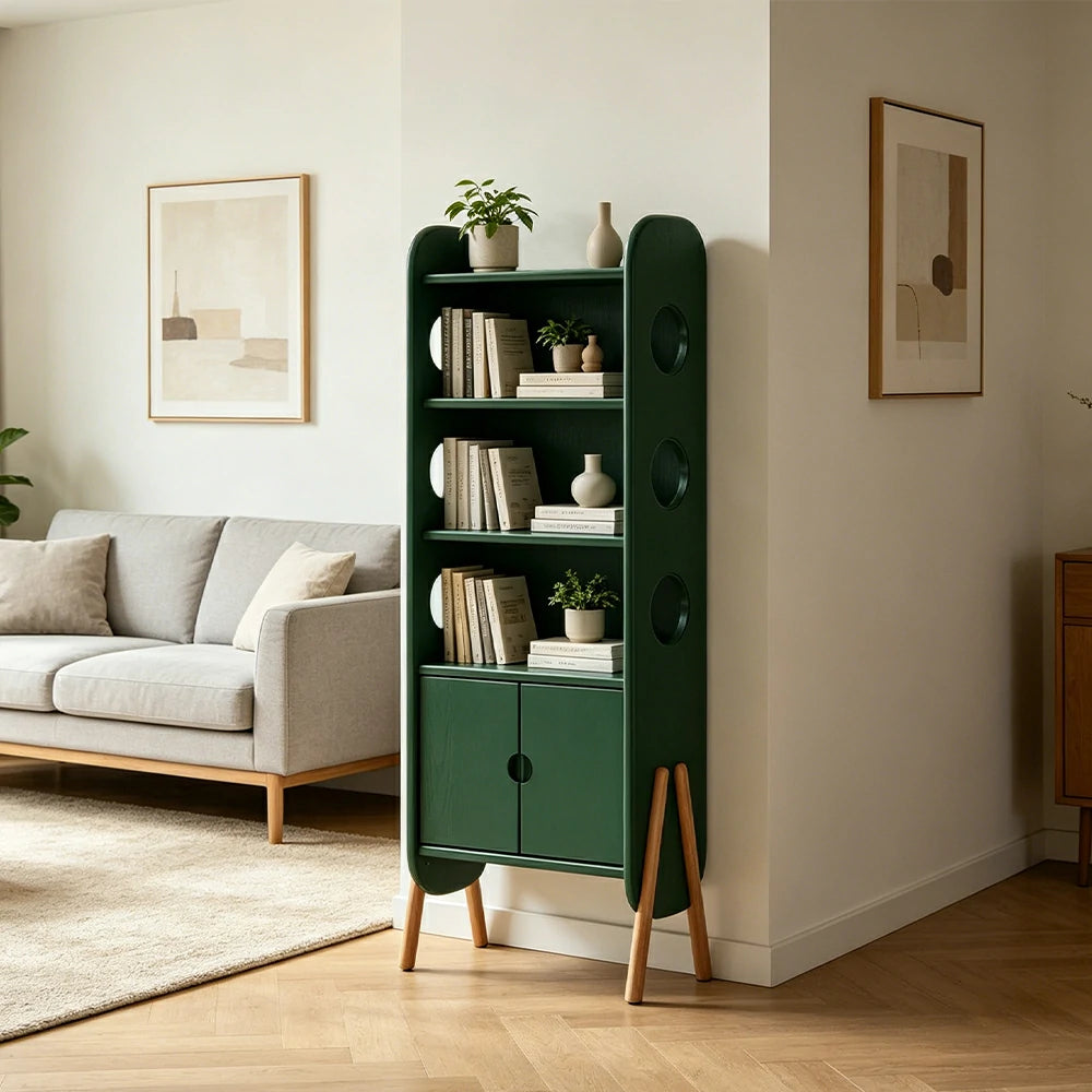 LIVARA Solid Wood Storage Shelf FAS Rubber Wood Display Bookcase for Living Room Bedroom & Study - Green