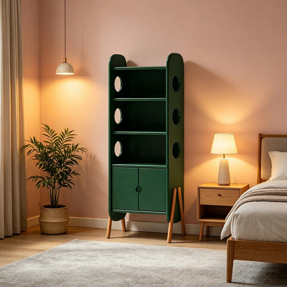 LIVARA Solid Wood Storage Shelf FAS Rubber Wood Display Bookcase for Living Room Bedroom & Study - Green