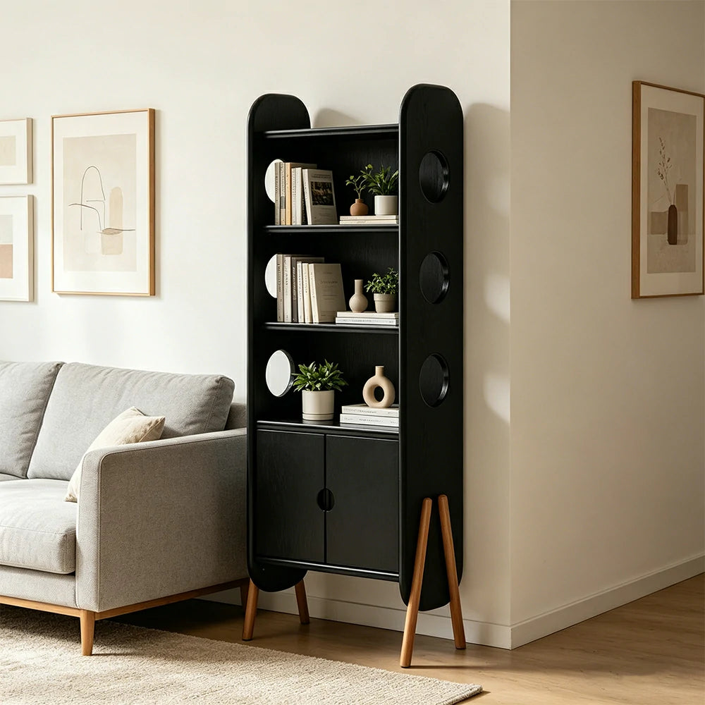 LIVARA Solid Wood Storage Shelf FAS Rubber Wood Display Bookcase for Living Room Bedroom & Study - Black