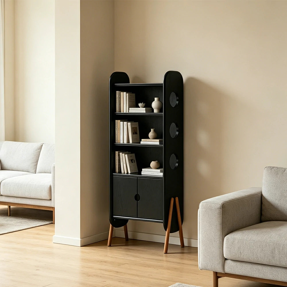 LIVARA Solid Wood Storage Shelf FAS Rubber Wood Display Bookcase for Living Room Bedroom & Study - Black