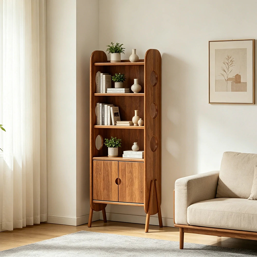 LIVARA Solid Wood Storage Shelf FAS Rubber Wood Display Bookcase for Living Room Bedroom & Study - Cherry