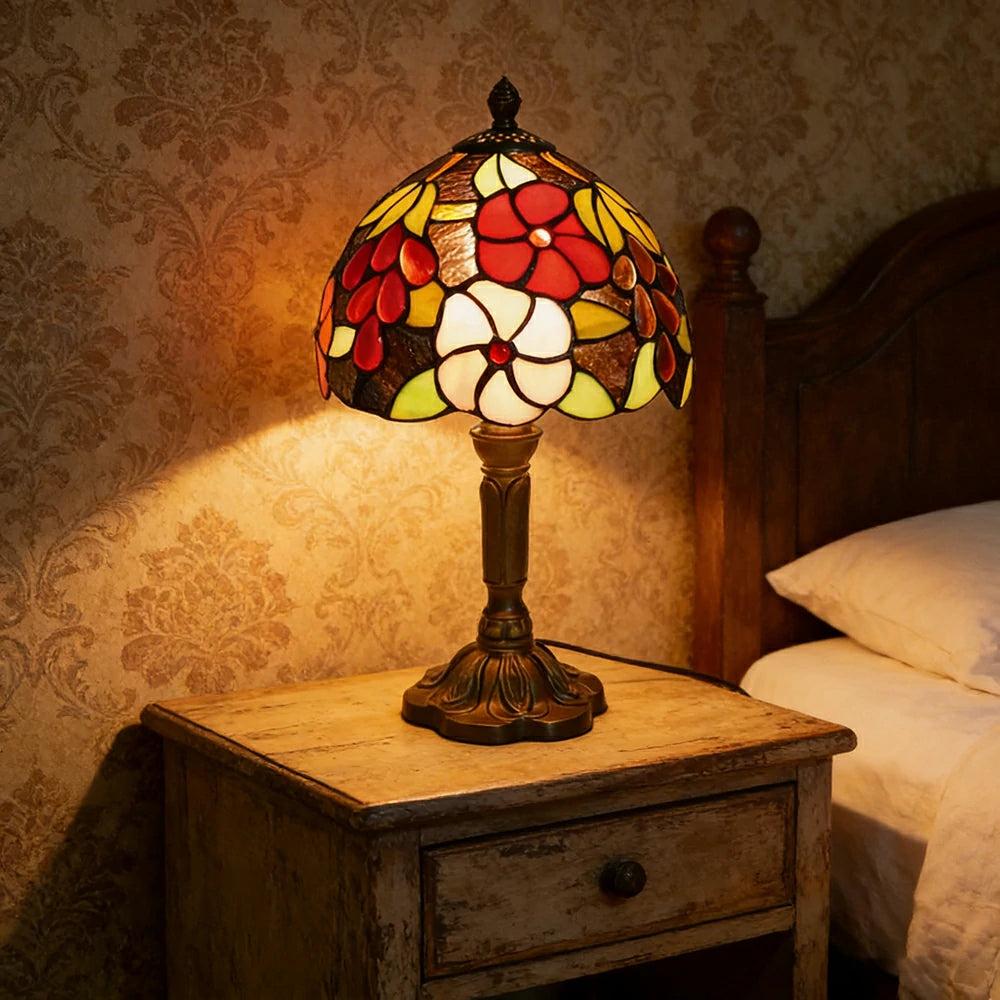 LIVARA Rose Grape Stained Glass Table Lamp Handmade Tiffany Style E27 Bedside Light Vintage Decor for Living Room Bedroom Study