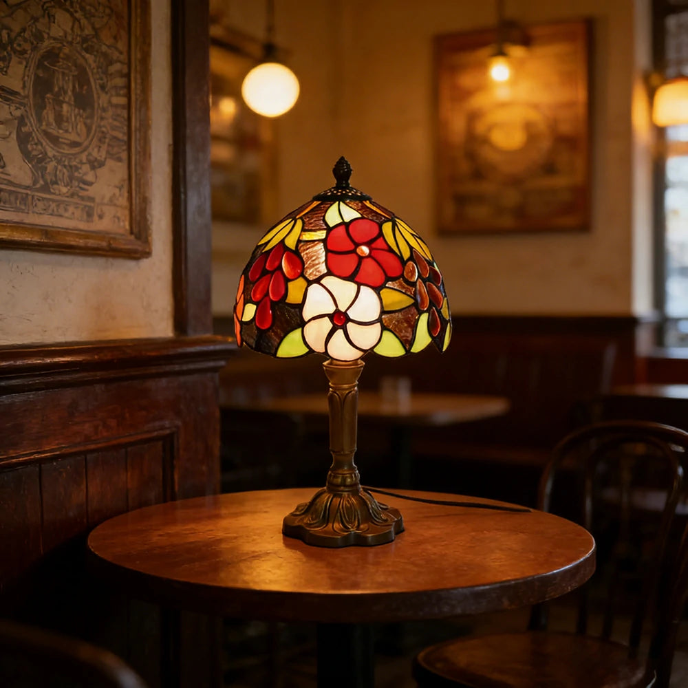 LIVARA Rose Grape Stained Glass Table Lamp Handmade Tiffany Style E27 Bedside Light Vintage Decor for Living Room Bedroom Study