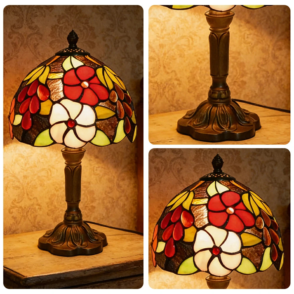 LIVARA Rose Grape Stained Glass Table Lamp Handmade Tiffany Style E27 Bedside Light Vintage Decor for Living Room Bedroom Study