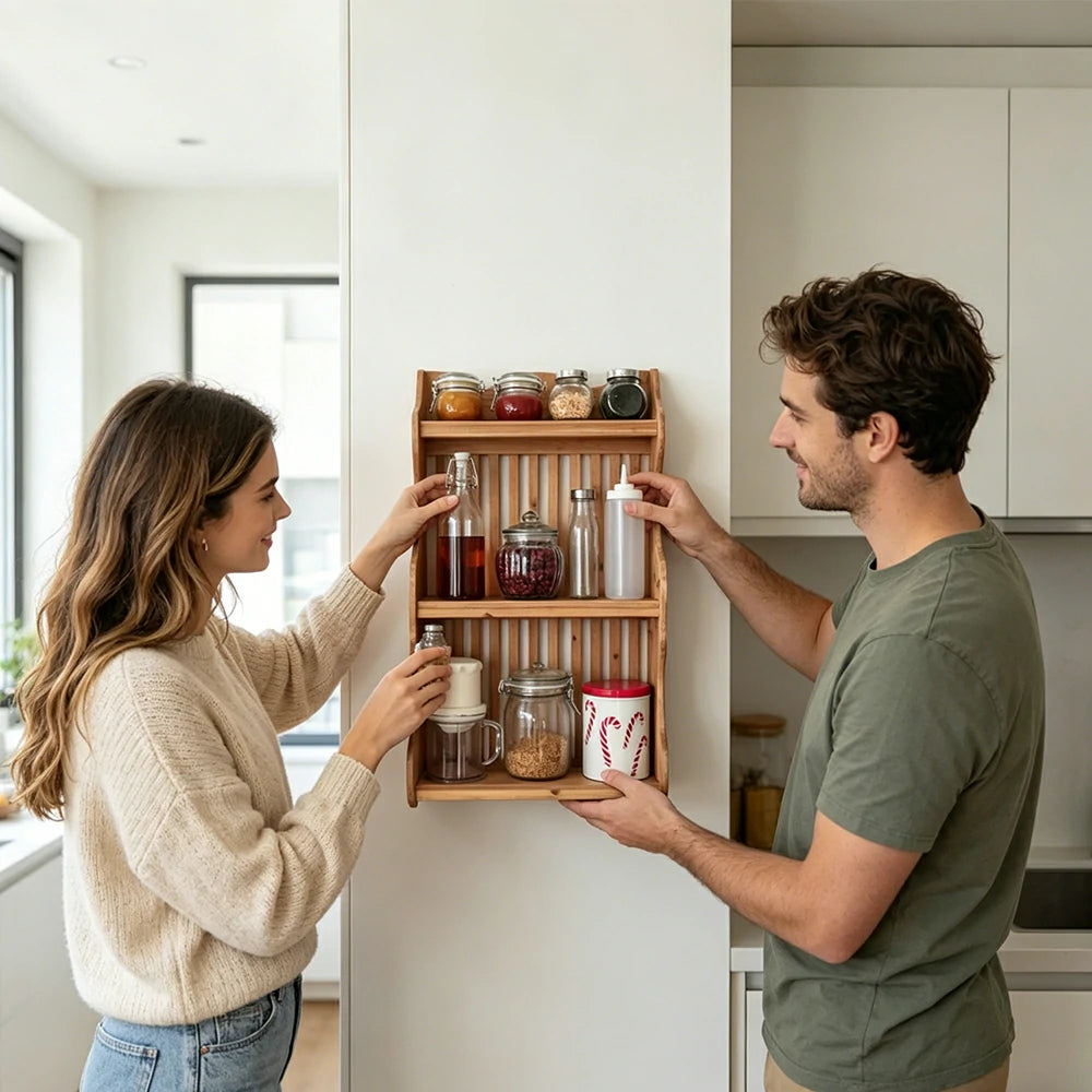 LIVARA Solid Wood Kitchen Shelf Organizer for Countertop Storage Display - Natural Wood