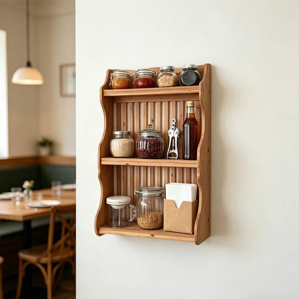 LIVARA Solid Wood Kitchen Shelf Organizer for Countertop Storage Display - Natural Wood