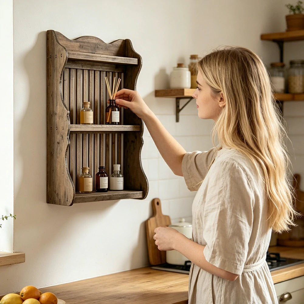 LIVARA Solid Wood Kitchen Shelf Organizer for Countertop Storage Display - Vintage Wood