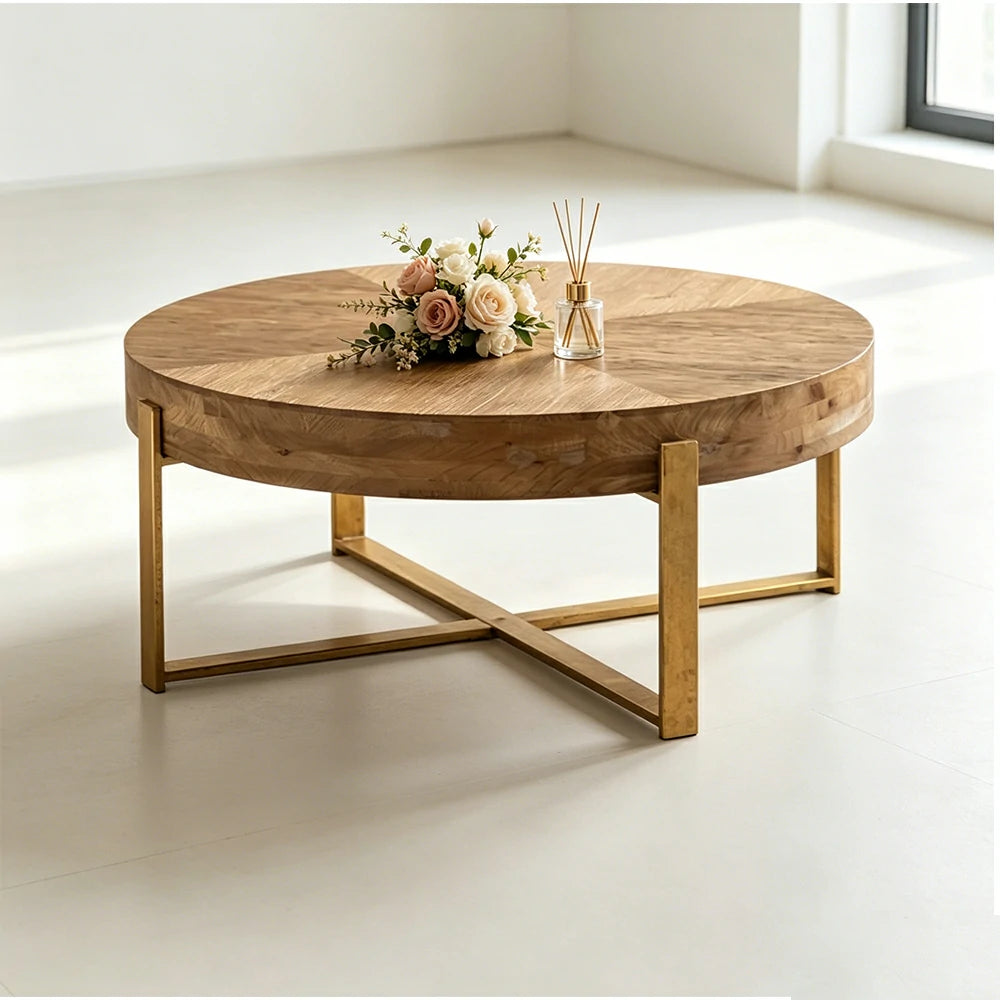 LIVARA Round Solid Wood Coffee Table - Living Room Sofa Side Table - Natural Wood