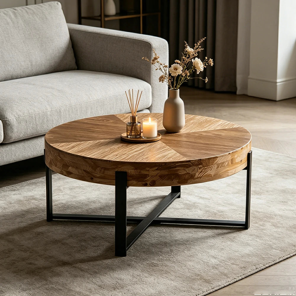 LIVARA Round Solid Wood Coffee Table - Living Room Sofa Side Table - Black