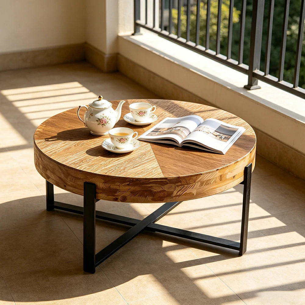 LIVARA Round Solid Wood Coffee Table - Living Room Sofa Side Table - Black