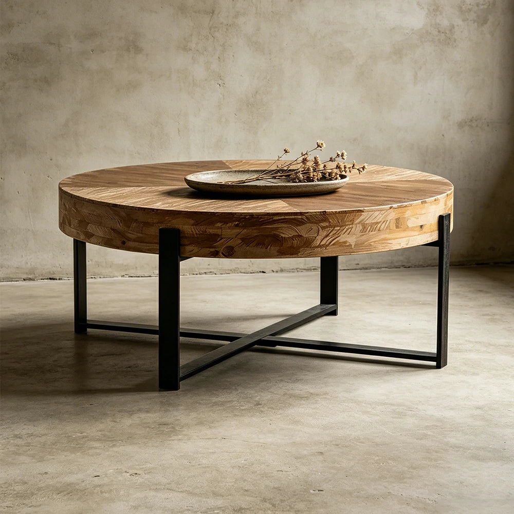 LIVARA Round Solid Wood Coffee Table - Living Room Sofa Side Table - Black