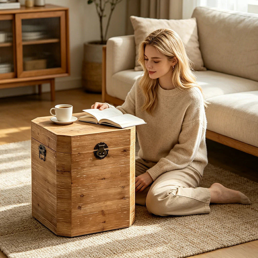 LIVARA 125cm Coffee Table with Storage - Solid Wood Living Room Centre Table - Natural Wood