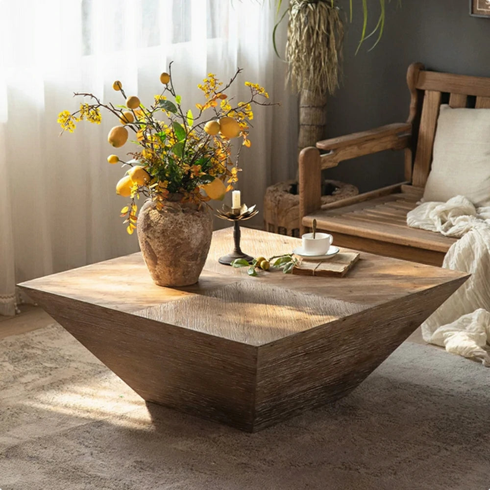 LIVARA Rustic Distressed Square Coffee Table - Solid Wood Living Room Centre Table - Vintage Wood