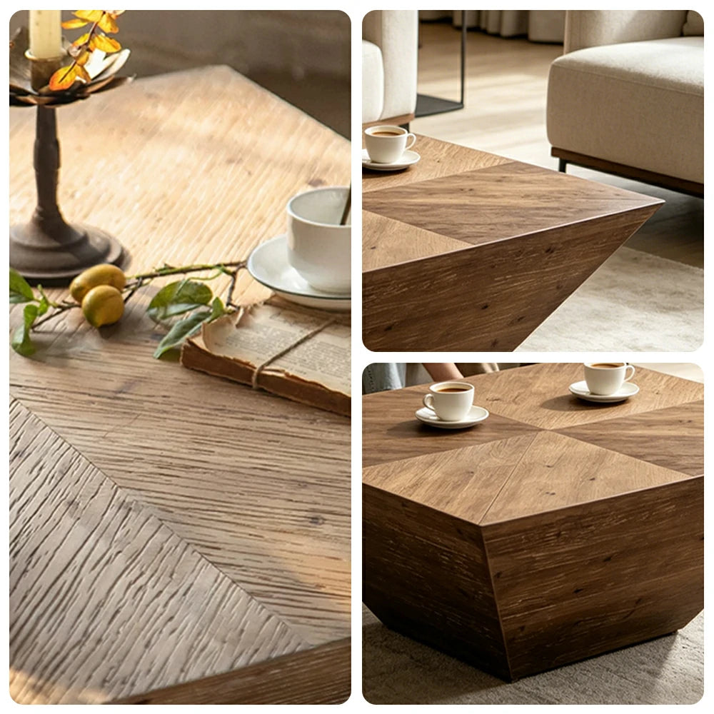 LIVARA Rustic Distressed Square Coffee Table - Solid Wood Living Room Centre Table - Vintage Wood