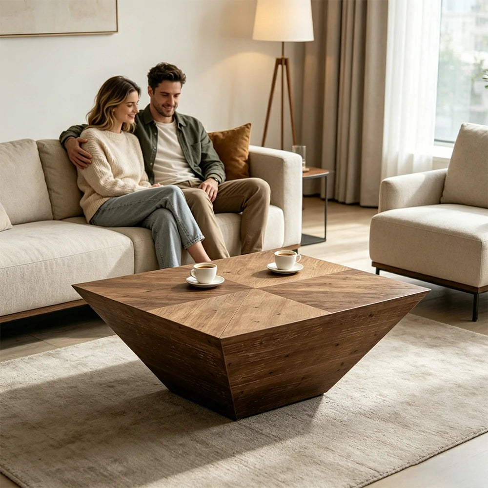 LIVARA Rustic Distressed Square Coffee Table - Solid Wood Living Room Centre Table - Vintage Wood