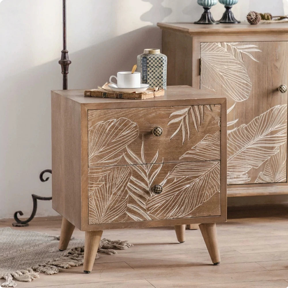 LIVARA Vintage Distressed Bedside Table - Solid Wood Nightstand for Bedroom - Vintage Wood