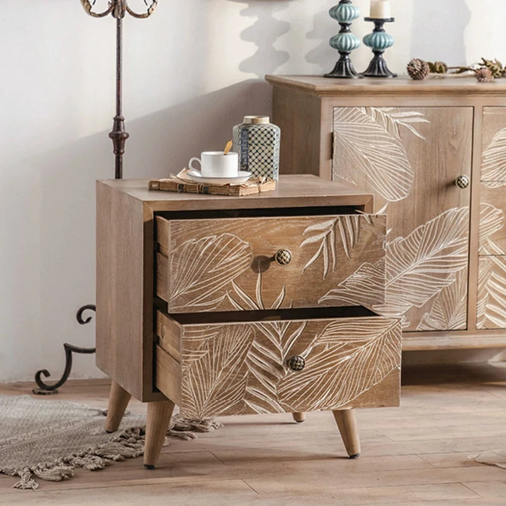 LIVARA Vintage Distressed Bedside Table - Solid Wood Nightstand for Bedroom - Vintage Wood