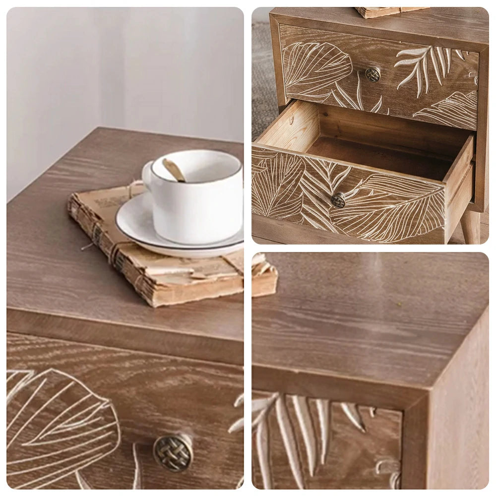 LIVARA Vintage Distressed Bedside Table - Solid Wood Nightstand for Bedroom - Vintage Wood