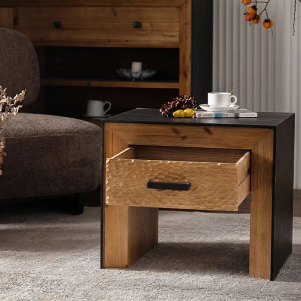 LIVARA Bedside Table with Black Back Panel - Wall-Facing Bedroom Storage Cabinet - Vintage Wood