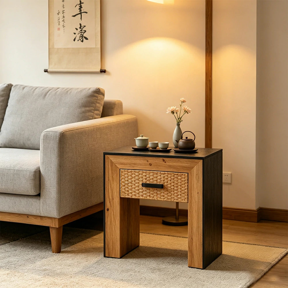 LIVARA Bedside Table with Black Back Panel - Wall-Facing Bedroom Storage Cabinet - Vintage Wood