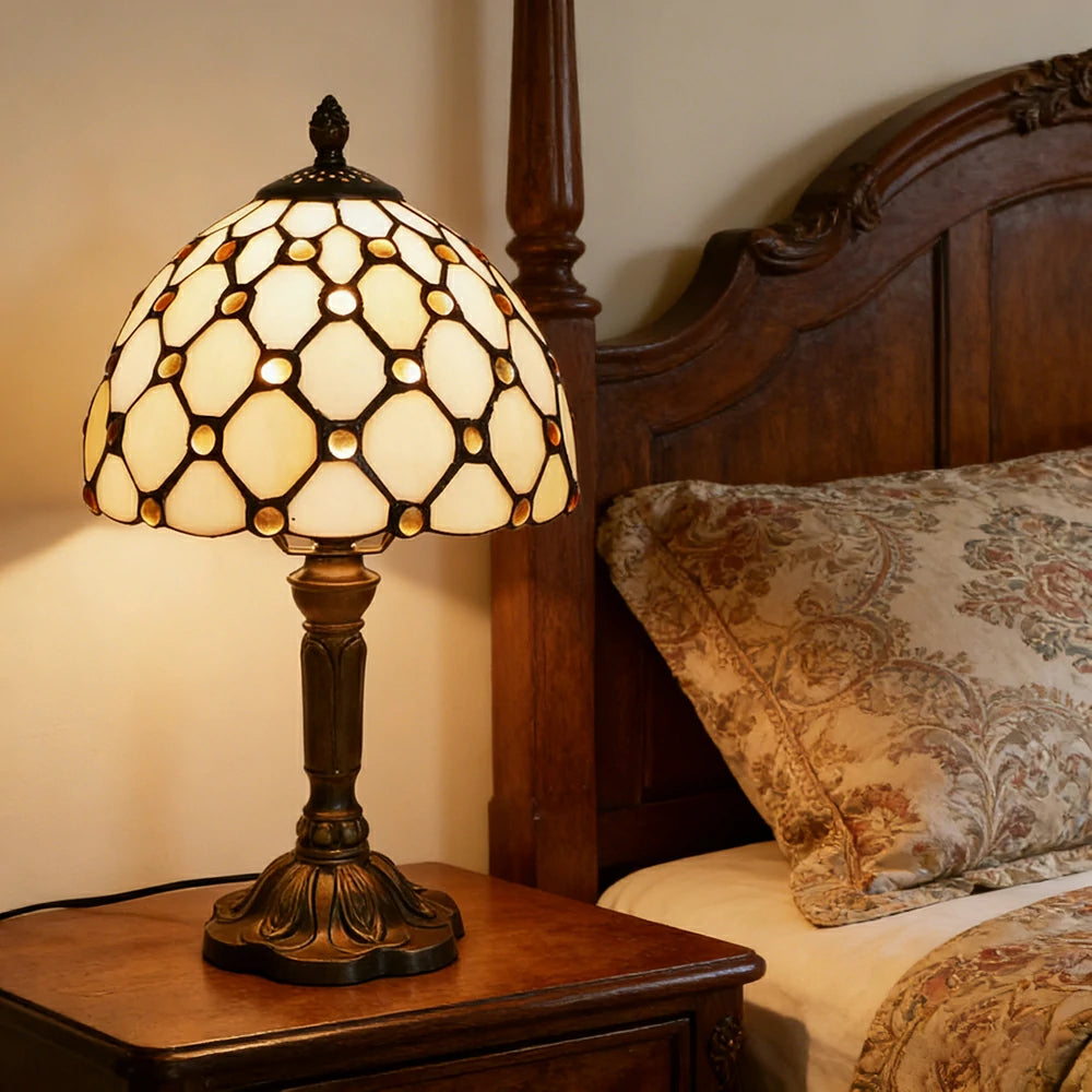 LIVARA Beaded Pattern Stained Glass Table Lamp Handmade Tiffany Style E27 Bedside Light Vintage Decor for Living Room Bedroom Study