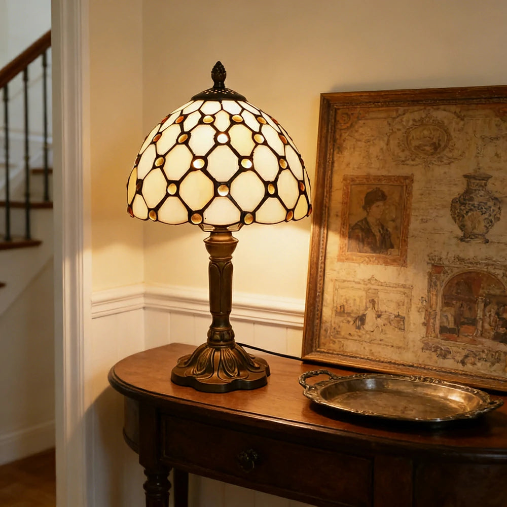 LIVARA Beaded Pattern Stained Glass Table Lamp Handmade Tiffany Style E27 Bedside Light Vintage Decor for Living Room Bedroom Study