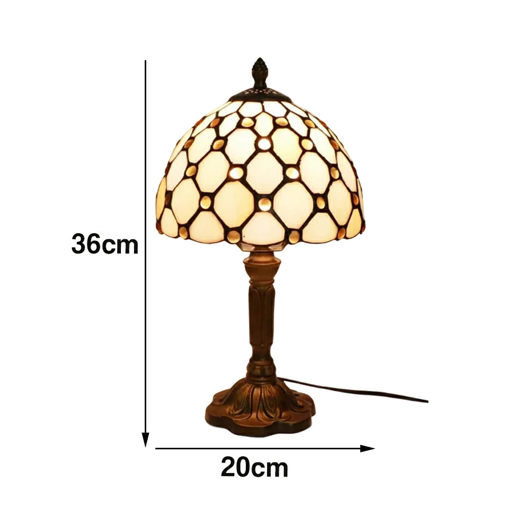LIVARA Beaded Pattern Stained Glass Table Lamp Handmade Tiffany Style E27 Bedside Light Vintage Decor for Living Room Bedroom Study