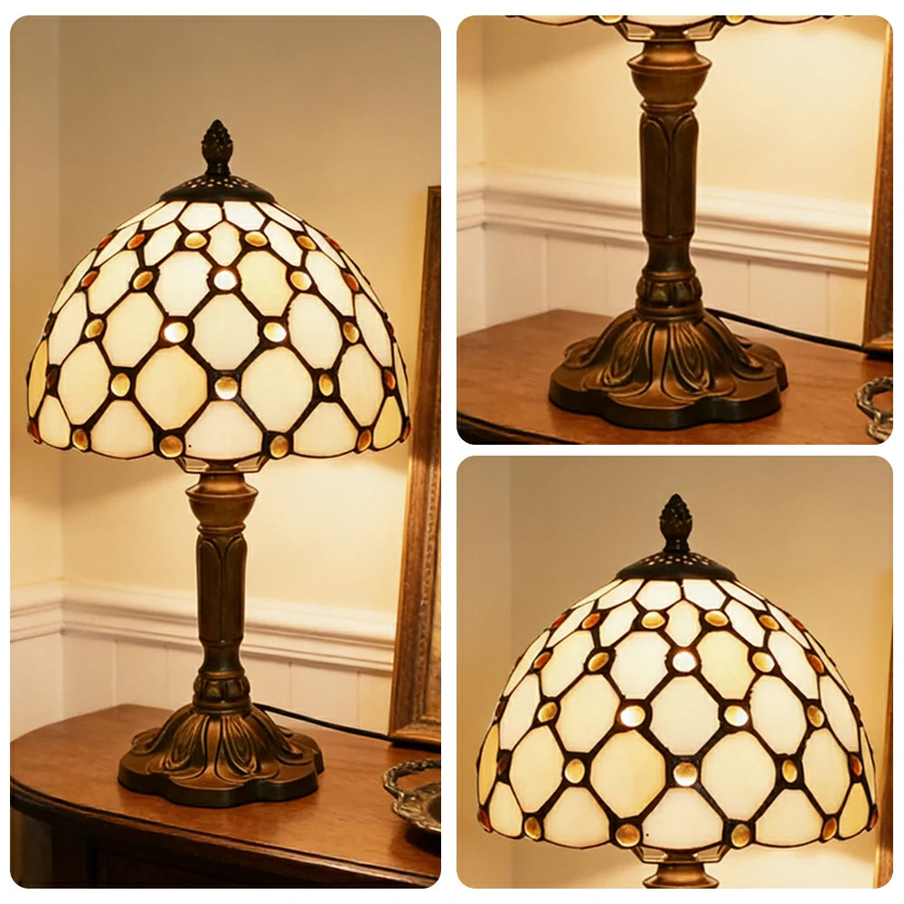 LIVARA Beaded Pattern Stained Glass Table Lamp Handmade Tiffany Style E27 Bedside Light Vintage Decor for Living Room Bedroom Study