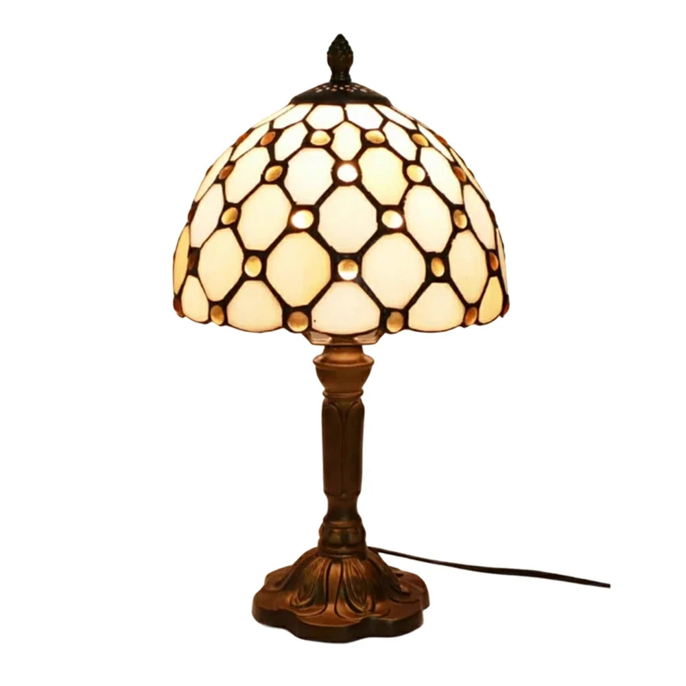 LIVARA Beaded Pattern Stained Glass Table Lamp Handmade Tiffany Style E27 Bedside Light Vintage Decor for Living Room Bedroom Study