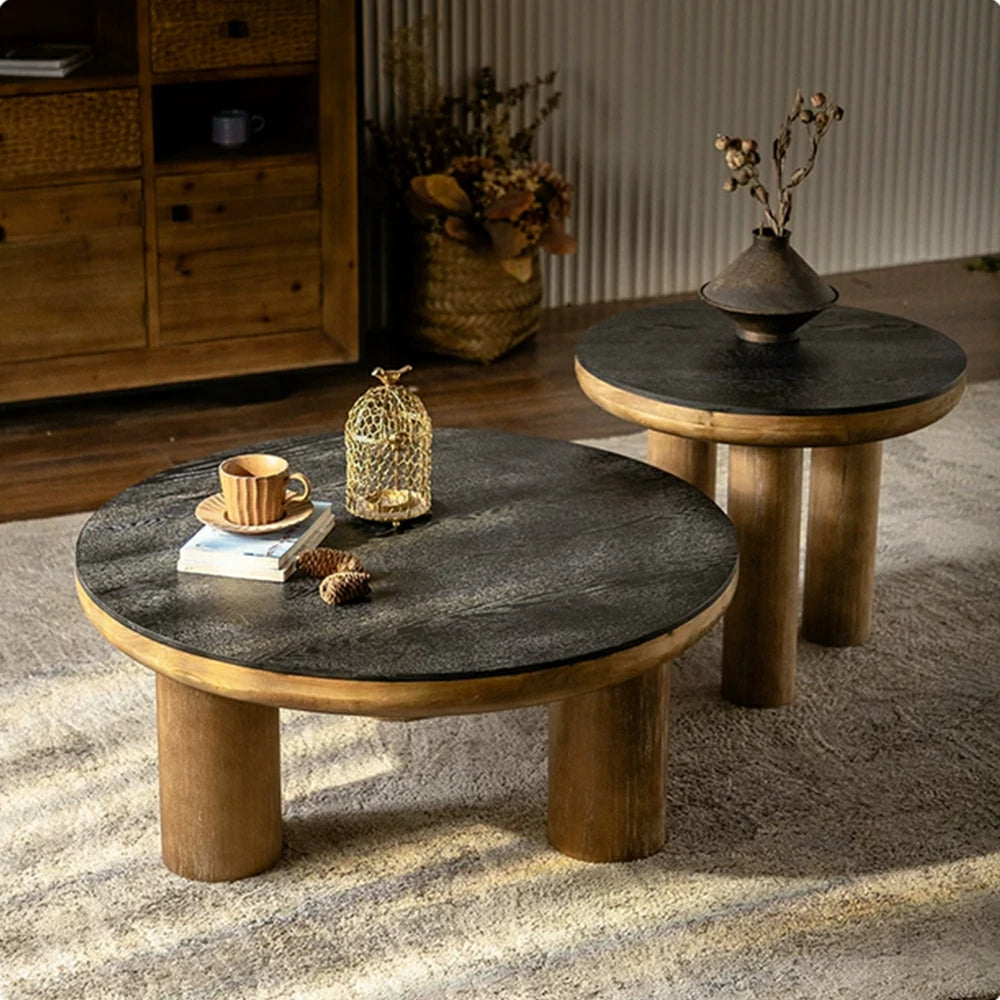 LIVARA Large Round Distressed Coffee Table - Solid Wood Living Room Centre Table - Vintage Wood
