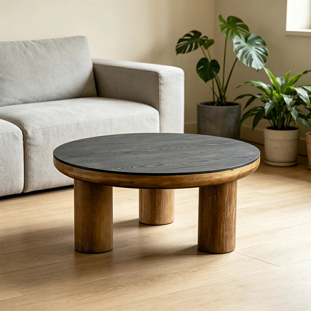 LIVARA Large Round Distressed Coffee Table - Solid Wood Living Room Centre Table - Vintage Wood