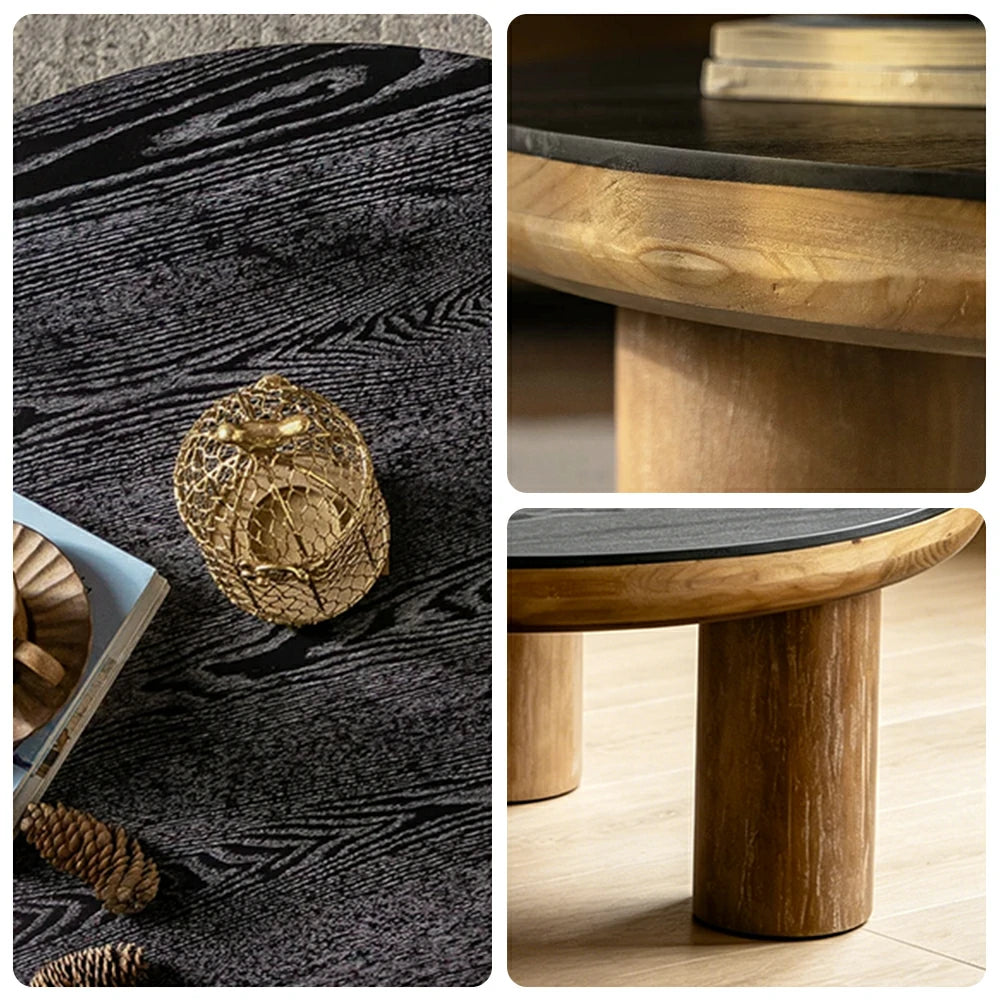LIVARA Large Round Distressed Coffee Table - Solid Wood Living Room Centre Table - Vintage Wood