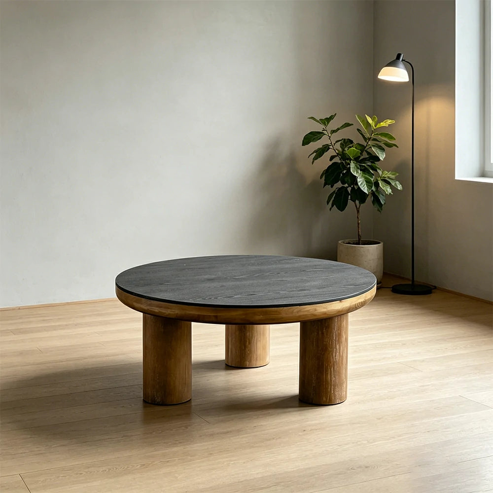 LIVARA Large Round Distressed Coffee Table - Solid Wood Living Room Centre Table - Vintage Wood