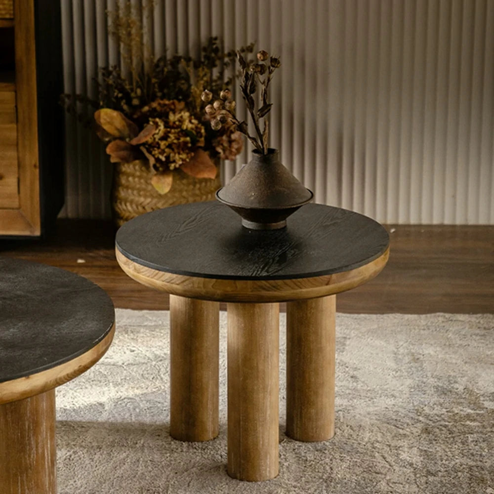 LIVARA Small Round Distressed Coffee Table - Solid Wood Living Room Side Table - Vintage Wood