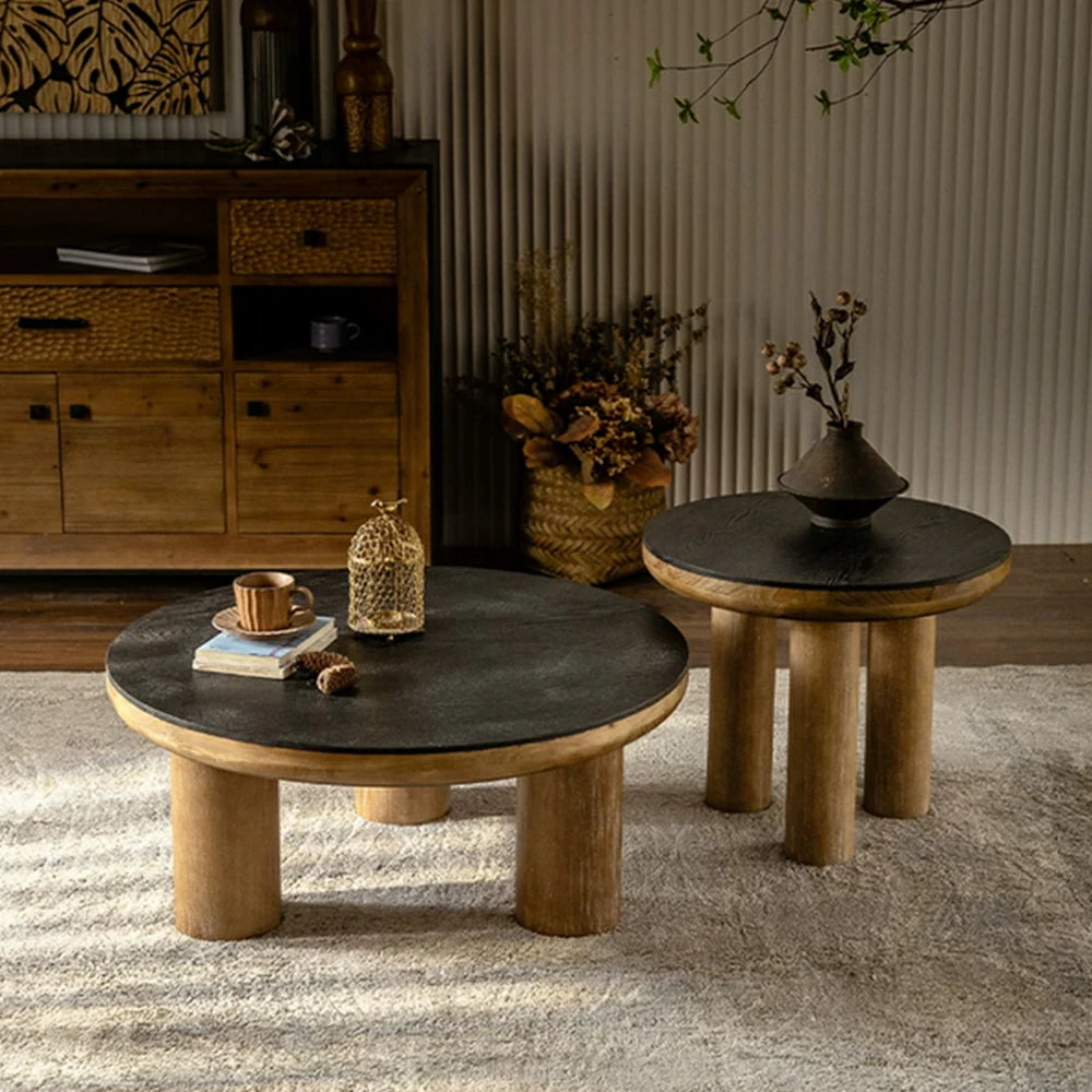 LIVARA Small Round Distressed Coffee Table - Solid Wood Living Room Side Table - Vintage Wood