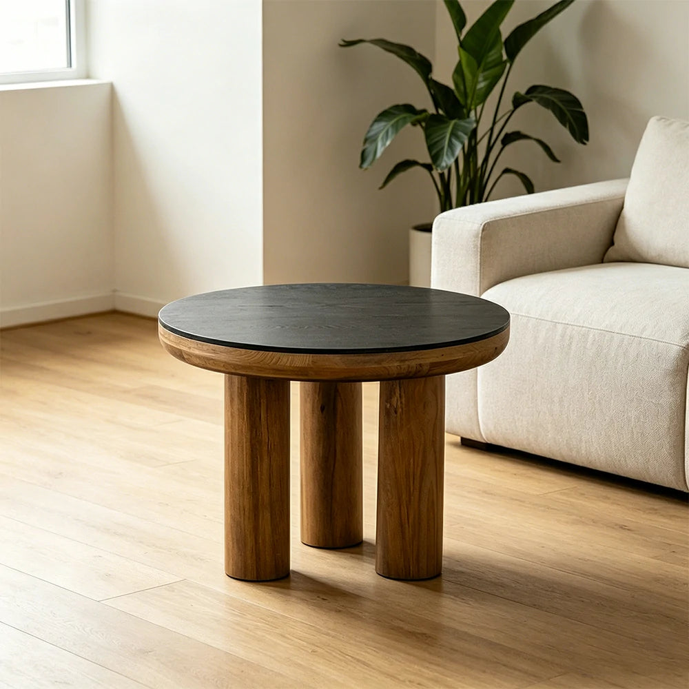 LIVARA Small Round Distressed Coffee Table - Solid Wood Living Room Side Table - Vintage Wood