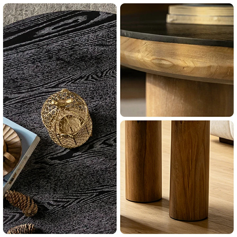 LIVARA Small Round Distressed Coffee Table - Solid Wood Living Room Side Table - Vintage Wood