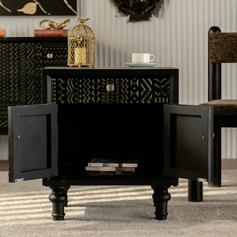LIVARA Vintage Distressed Bedside Table - Solid Wood Bedroom Nightstand - Vintage Wood