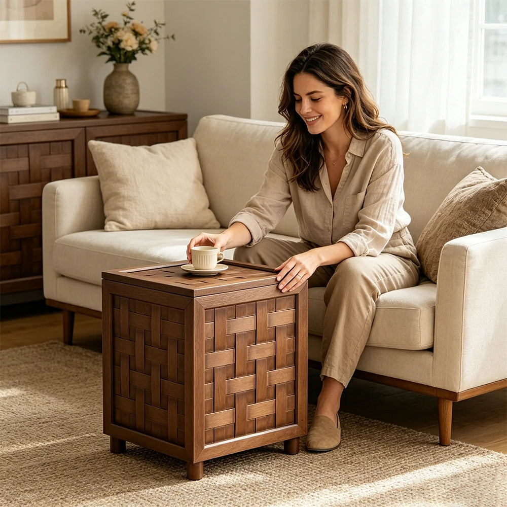 LIVARA  Sofa Side Table - Solid Wood Accent Table for Living Room - Vintage Wood