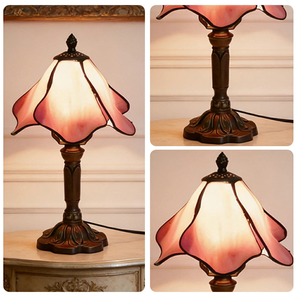 LIVARA Pink Lotus Stained Glass Table Lamp Handmade Tiffany Style E27 Bedside Light Vintage Decor for Living Room Bedroom Study