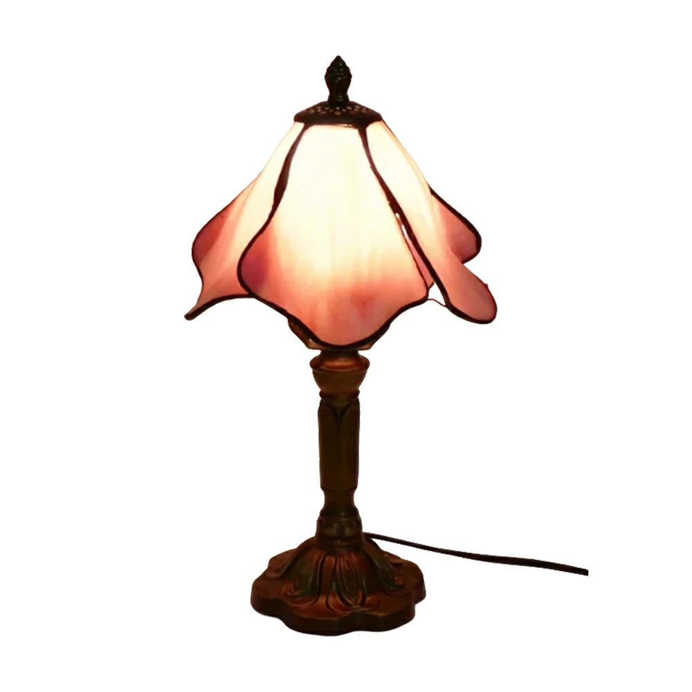 LIVARA Pink Lotus Stained Glass Table Lamp Handmade Tiffany Style E27 Bedside Light Vintage Decor for Living Room Bedroom Study